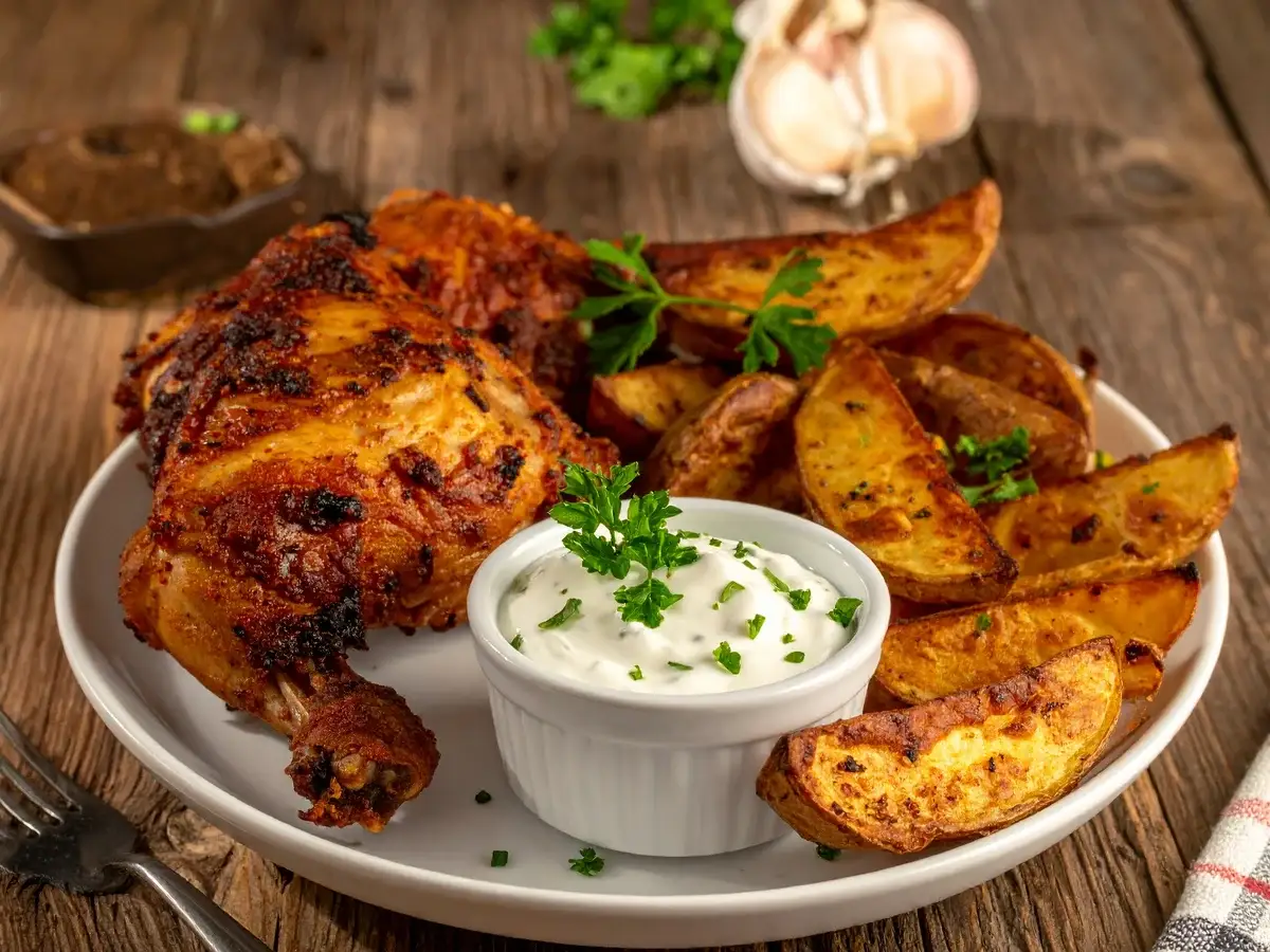 Airfryer Hähnchenschenkel mit Ofenkartoffeln und Knoblauch-Dip