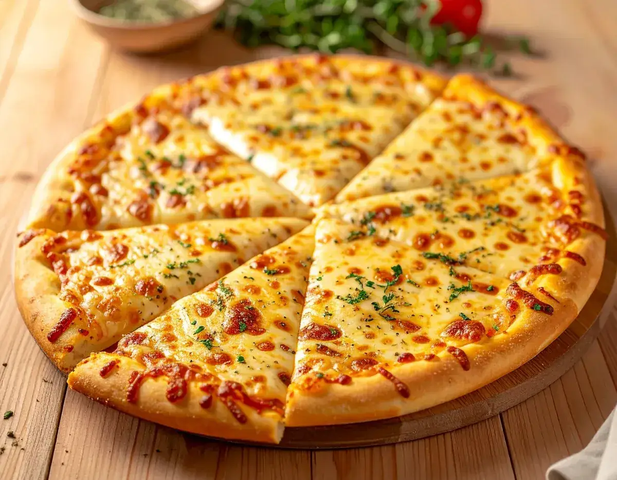 Familien-Blechpizza, in Stücke geschnitten, mit goldbrauner Käsekruste
