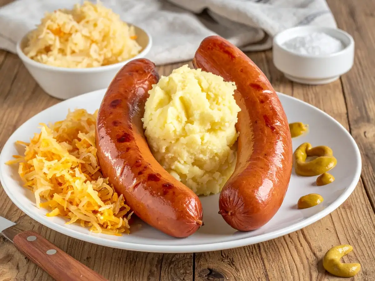 Bockwurst mit Sauerkraut und Kartoffelpüree