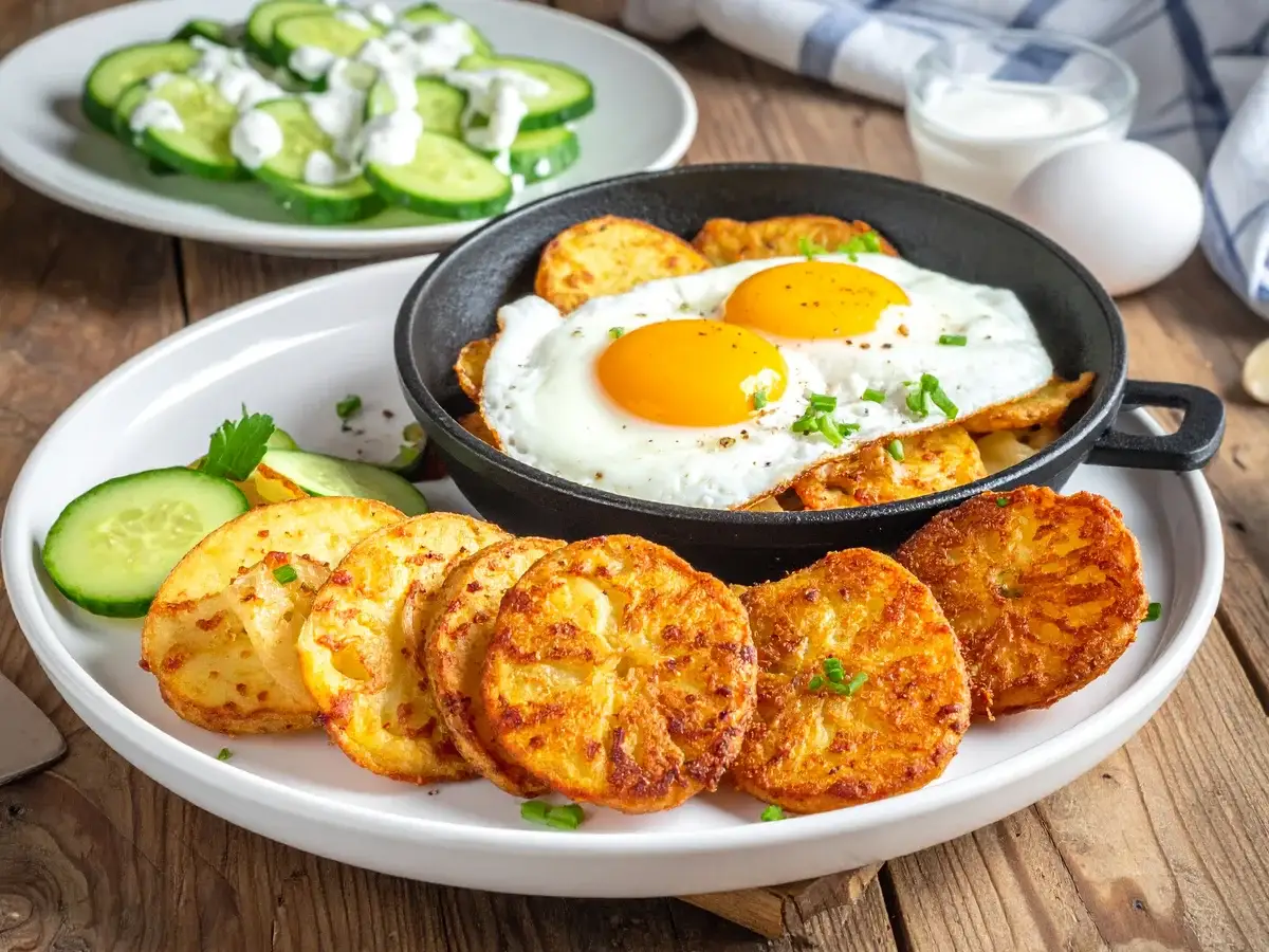 Bratkartoffeln mit Ei und Gurkensalat
