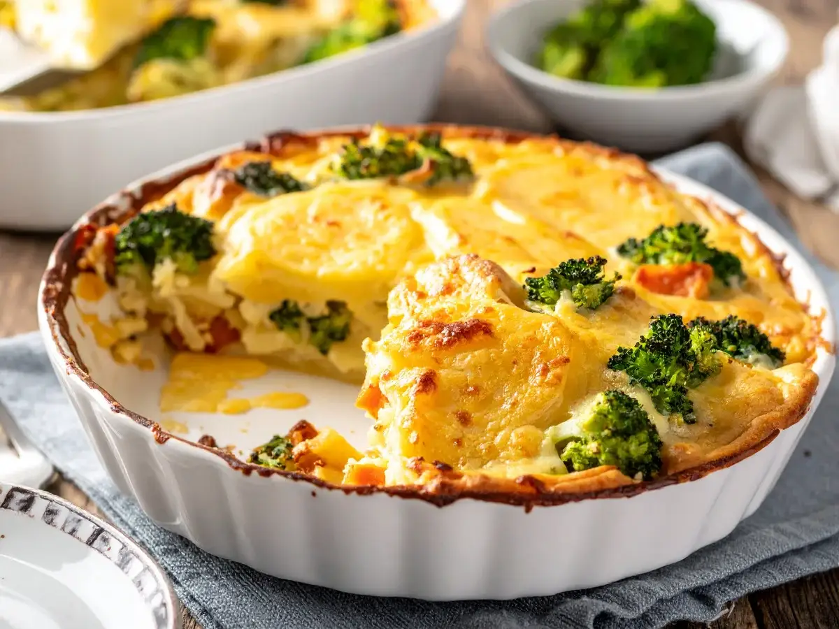 Brokkoli-Kartoffel-Auflauf mit Käse, goldbraun überbacken