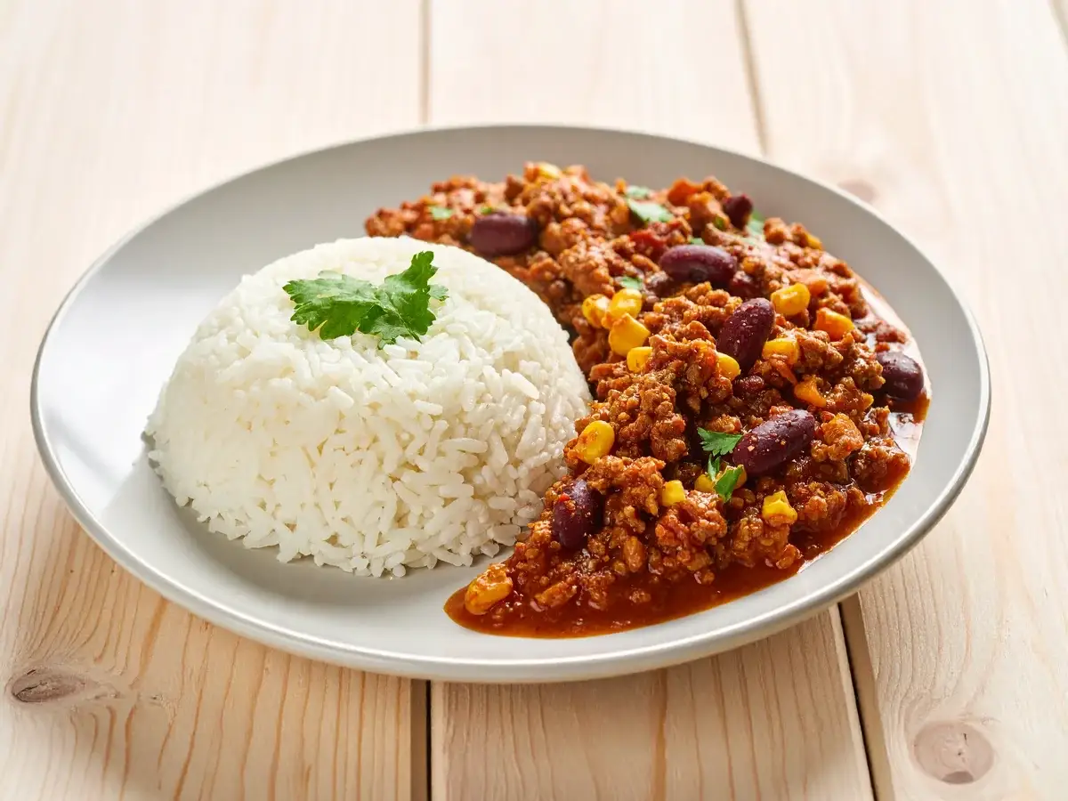 Chili con Carne mit Hackfleisch, Kidneybohnen und Mais, dazu Reis