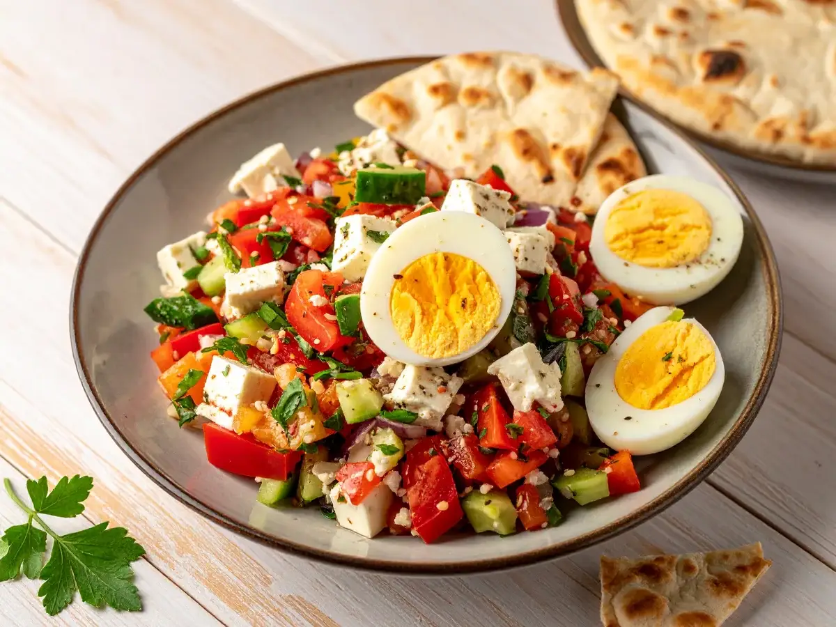 Çoban Salatası – türkischer Hirtensalat mit Feta, Ei und Fladenbrot
