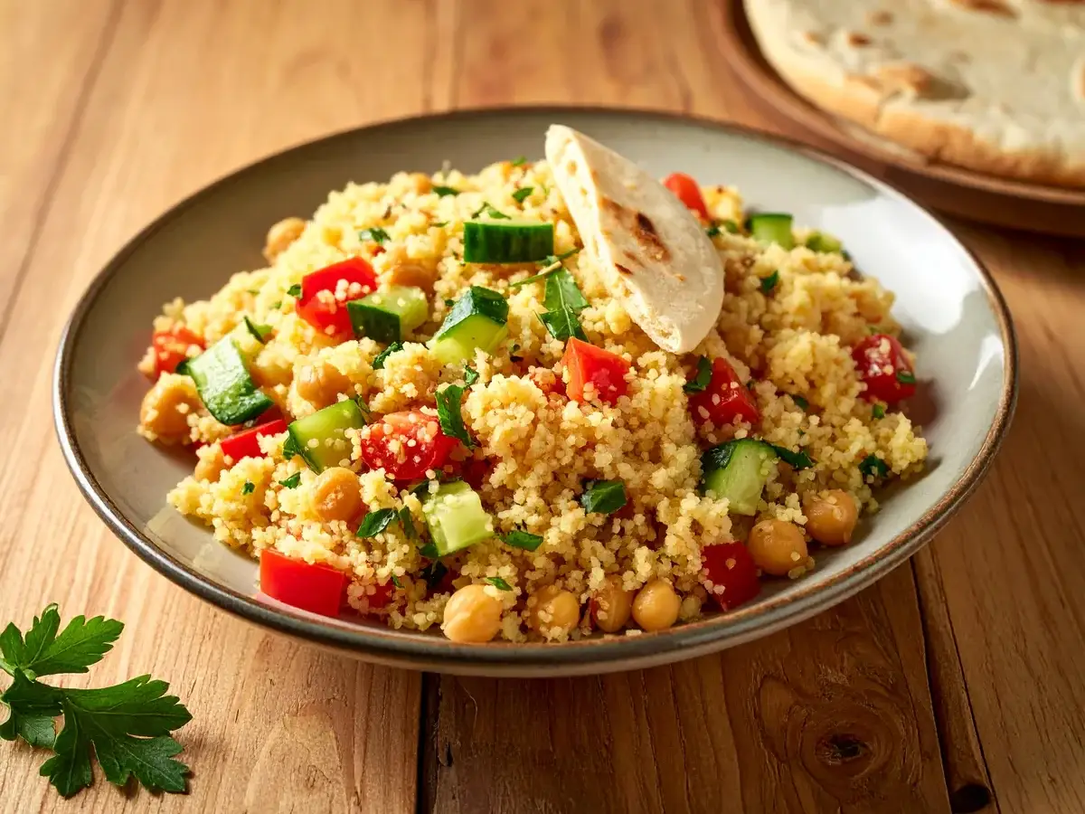Couscous-Salat mit Paprika, Gurke, Tomaten und Kichererbsen