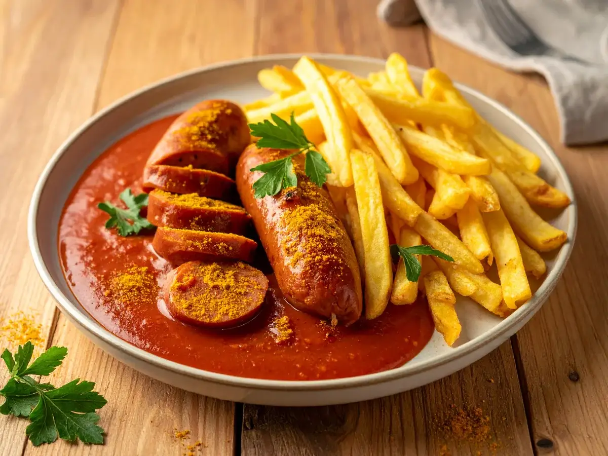Currybockwurst in Currysoße mit Pommes