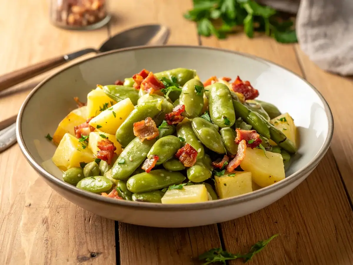 Dicke Bohnen mit Kartoffeln und knusprigem Speck