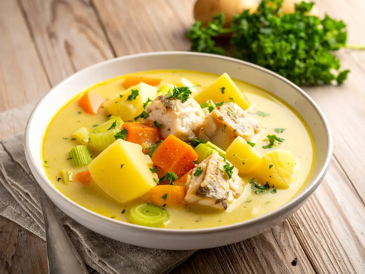 Fischsuppe mit Kartoffeln, Möhren und Lauch