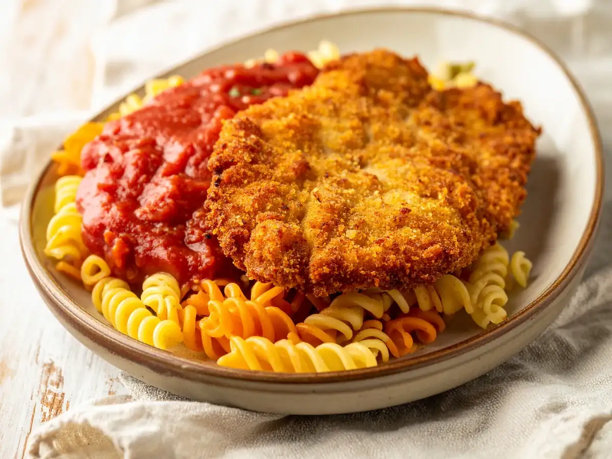 Jägerschnitzel mit Spirelli und Tomatensoße