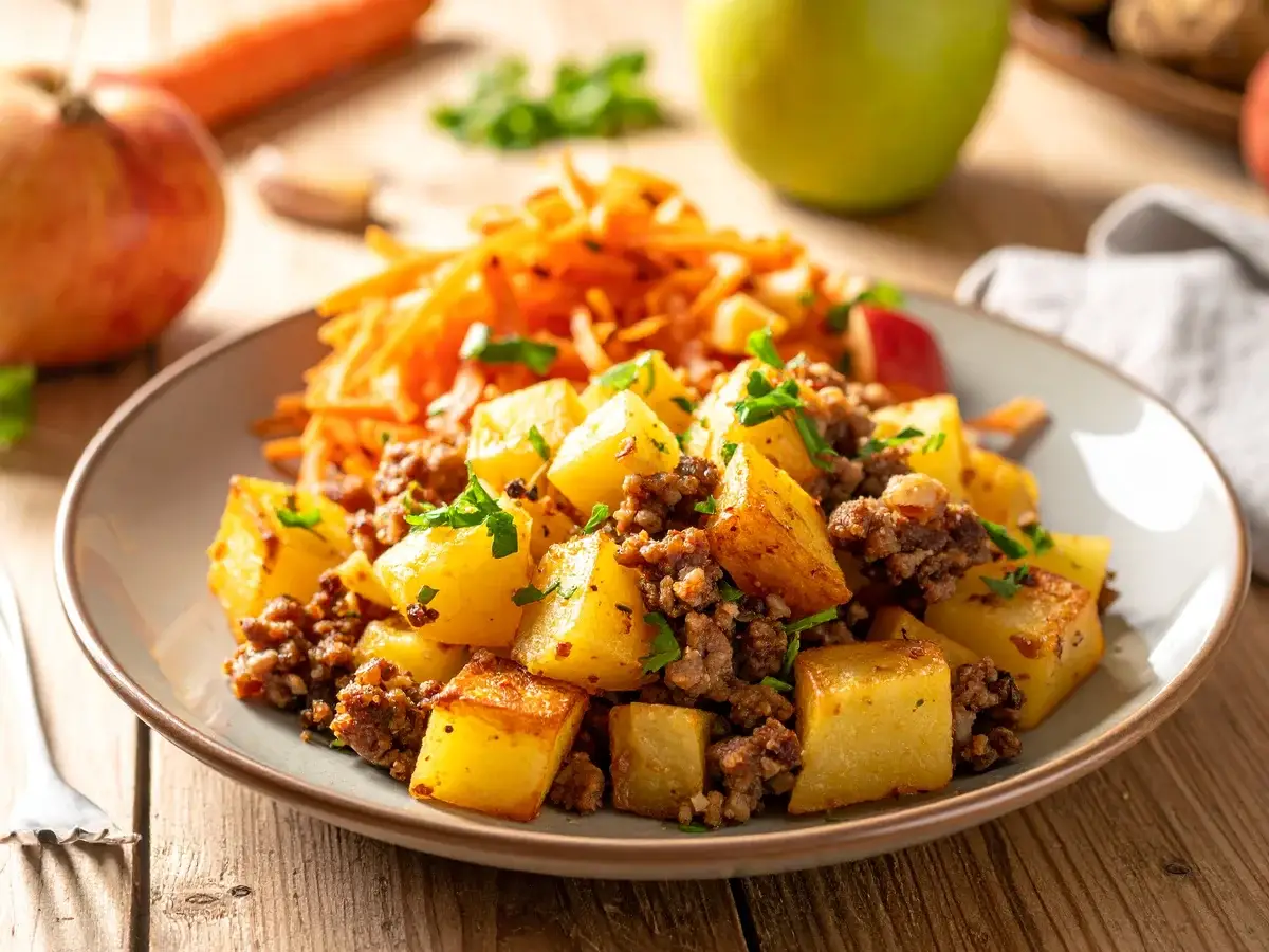 Kartoffel-Hack-Pfanne mit Möhrensalat