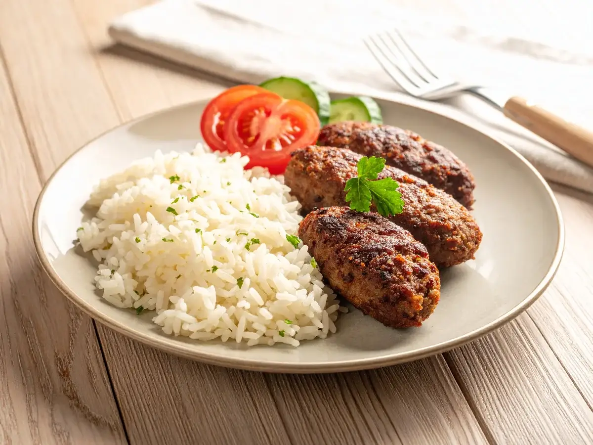 Köfte mit Reis, Tomaten und Gurke