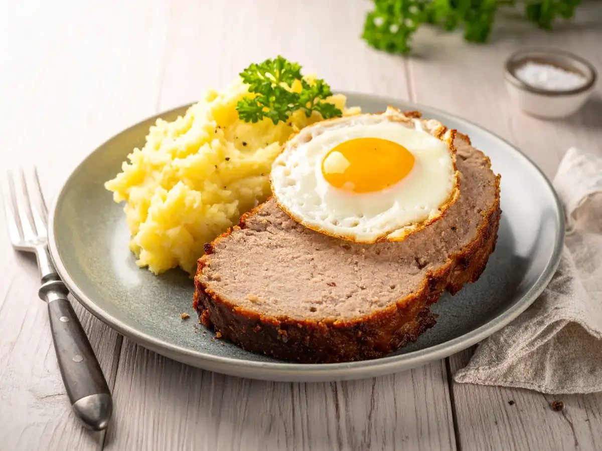 Leberkäse mit Spiegelei und Kartoffelpüree