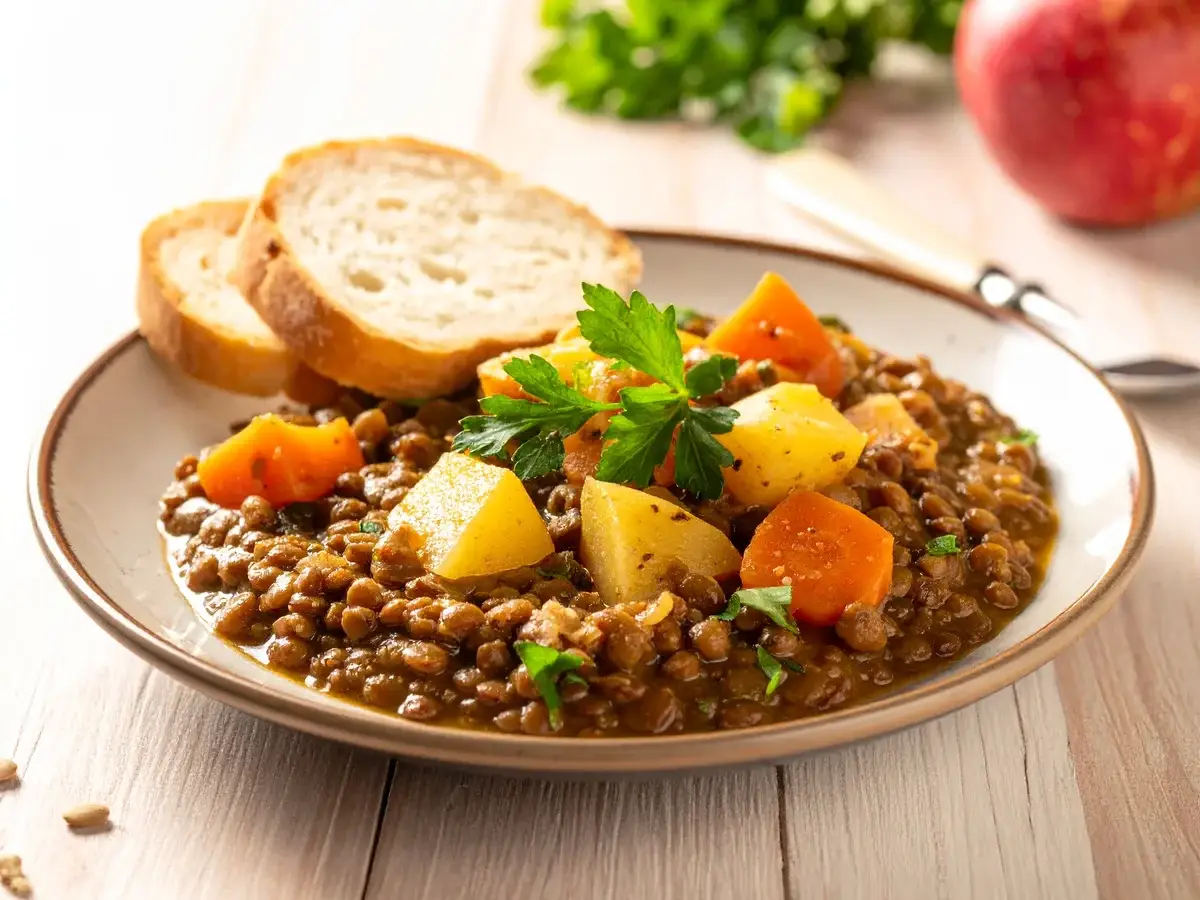 Linseneintopf mit Kartoffeln, Möhren, Brot und Apfel