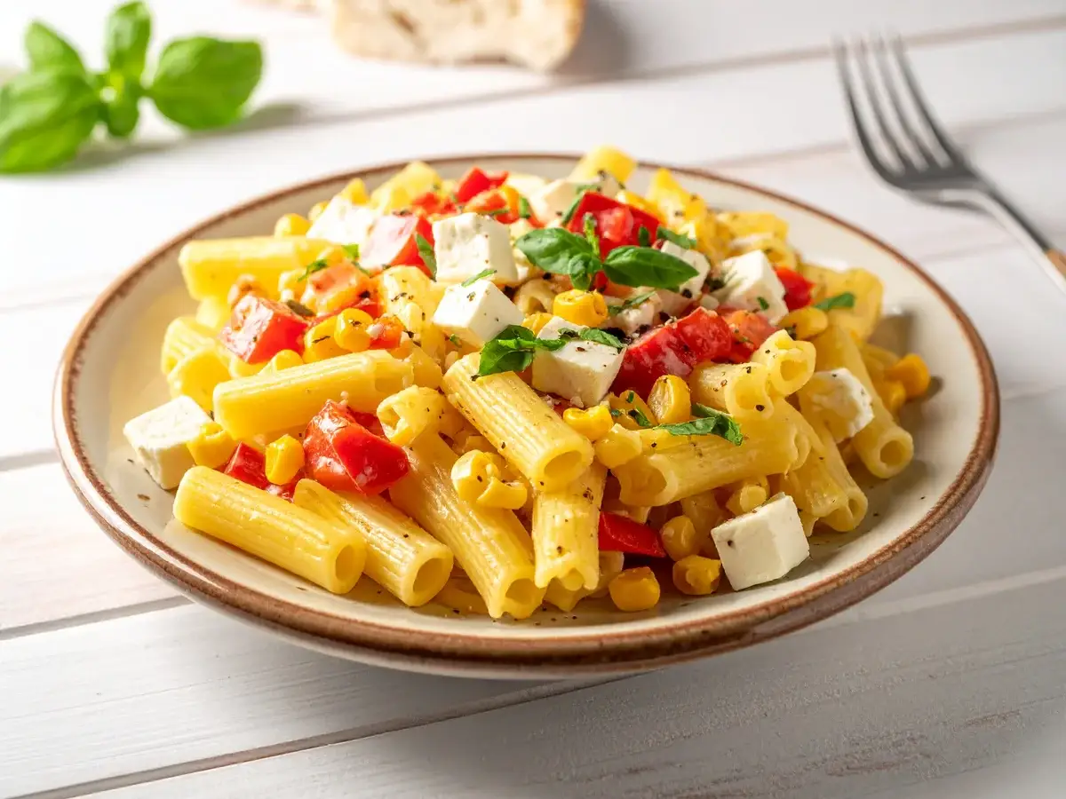 Nudelsalat mit Paprika, Mais und Feta
