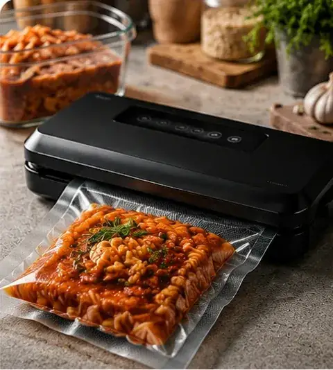 Vakuumierer versiegelt eine Portion Pasta mit Tomatensoße in einem Beutel