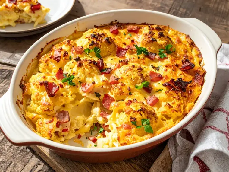 Blumenkohl-Käse-Auflauf mit Speckwürfeln