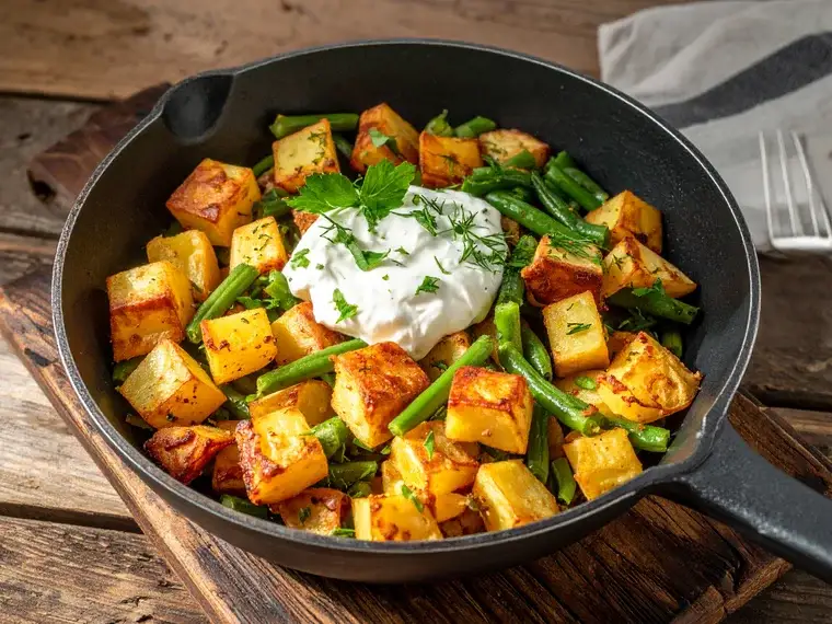 Bohnen-Kartoffel-Pfanne mit Kräuterquark