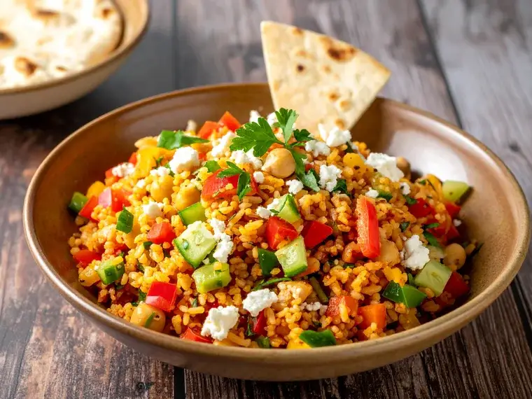 Bulgur-Salat Kısır mit Kichererbsen, Paprika und Feta
