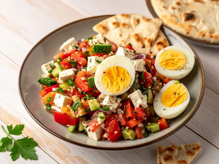 Çoban Salatası – türkischer Hirtensalat mit Feta, Ei und Fladenbrot
