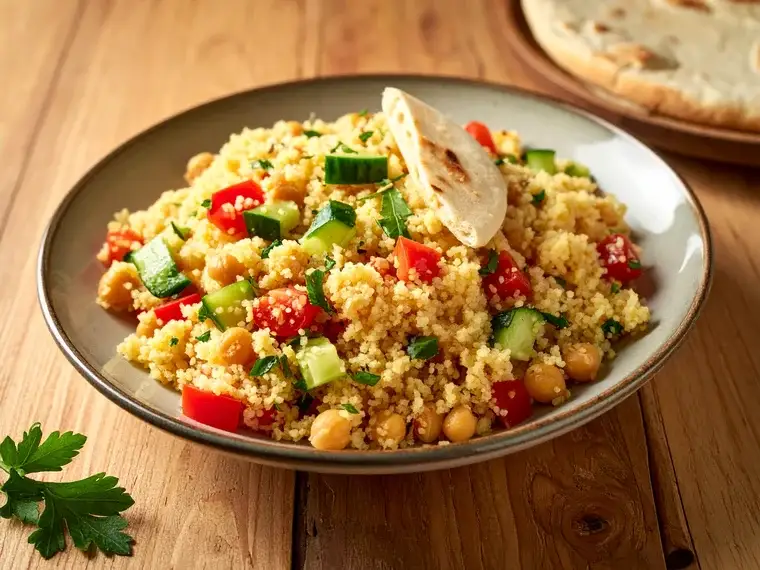 Couscous-Salat mit Paprika, Gurke, Tomaten und Kichererbsen