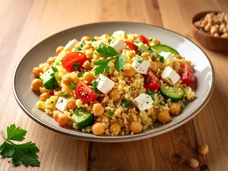 Couscous-Salat mit Kichererbsen, Feta, Tomaten und Gurke