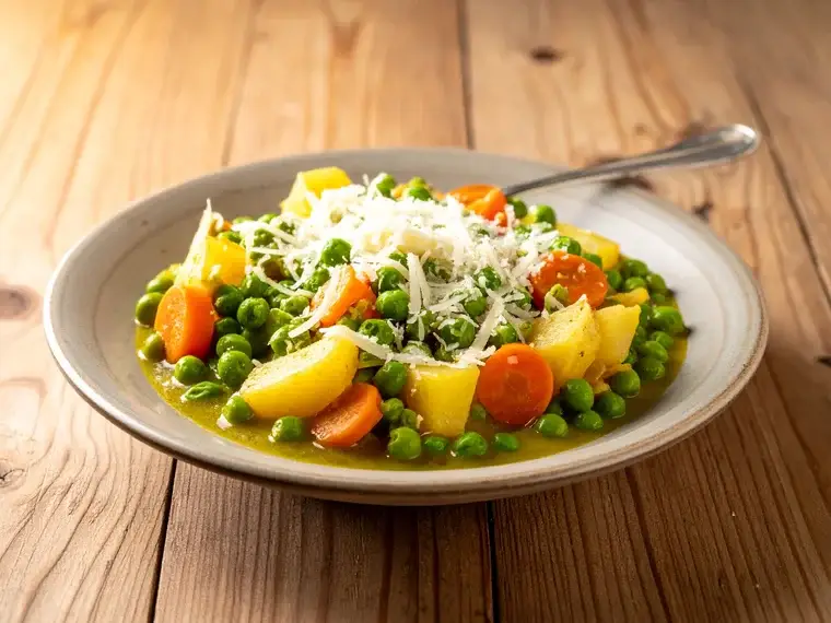 Erbseneintopf mit Kartoffeln, Möhren und geriebenem Gouda