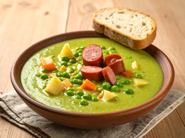 Erbsensuppe mit Würstchen, Kartoffeln und Möhren, dazu Brot