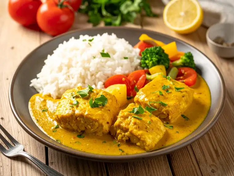 Fischcurry in Kokos-Currysoße mit Reis und Gemüse