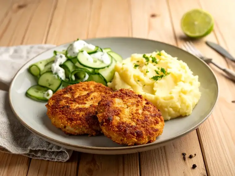 Fischfrikadellen mit Kartoffelpüree und Gurkensalat