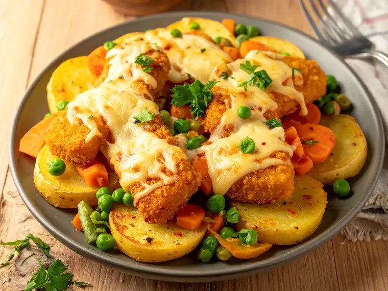 Fischstäbchen-Auflauf mit Kartoffeln, Erbsen und Käse