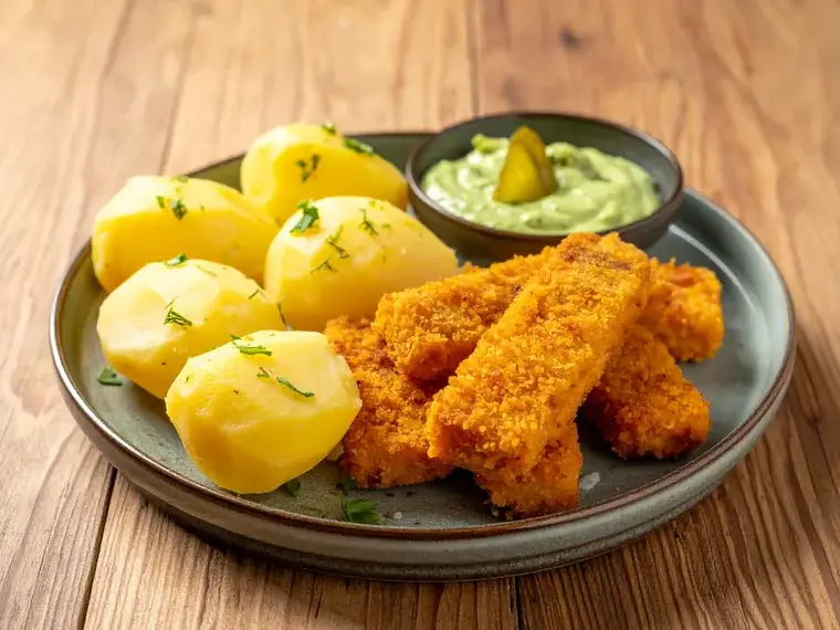 Fischstäbchen mit Kartoffeln und Remoulade