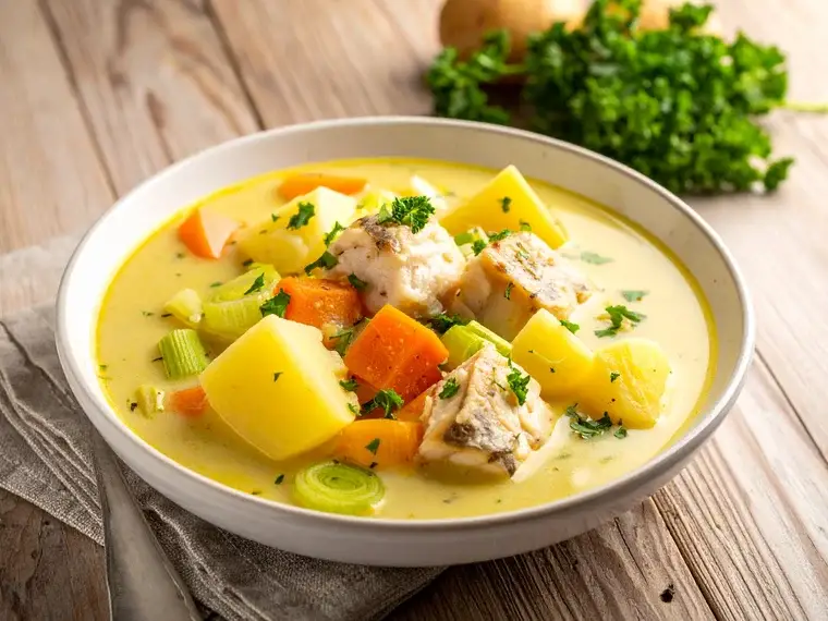 Fischsuppe mit Kartoffeln, Möhren und Lauch