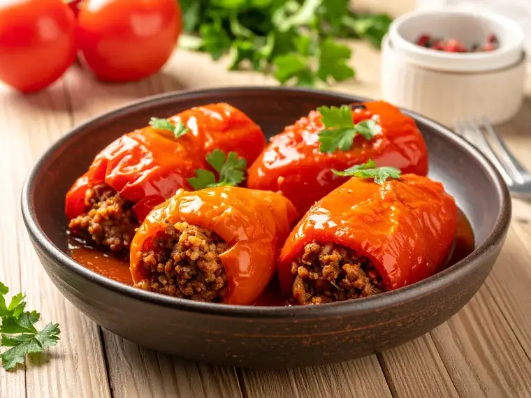 Gefüllte Paprika mit Hack-Reis-Füllung in Tomatensoße
