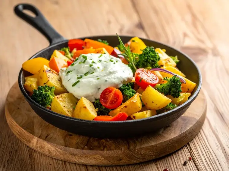 Gemüse-Kartoffel-Pfanne mit Kräuterquark