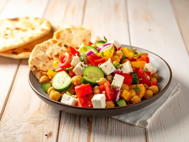 Griechischer Salat mit Feta, Kichererbsen und Fladenbrot