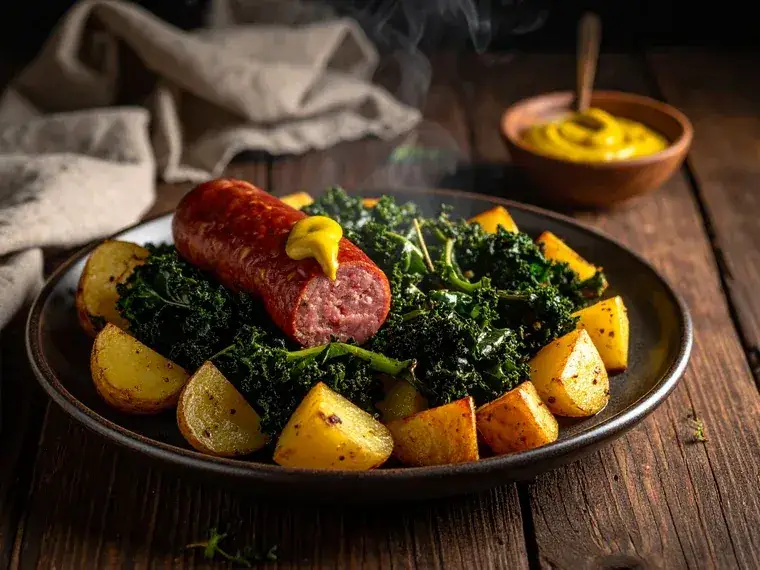 Grünkohl-Eintopf mit Kartoffeln und Bockwurst