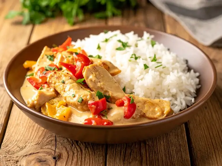 Hähnchen-Geschnetzeltes mit Paprika und Reis