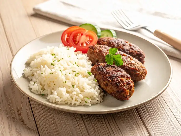 Köfte mit Reis, Tomaten und Gurke
