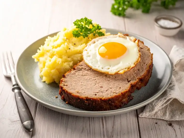 Leberkäse mit Spiegelei und Kartoffelpüree