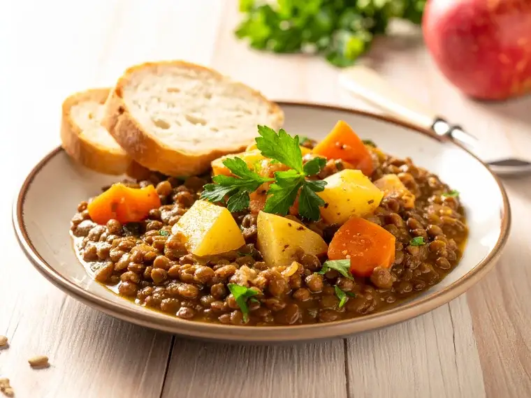 Linseneintopf mit Kartoffeln, Möhren, Brot und Apfel