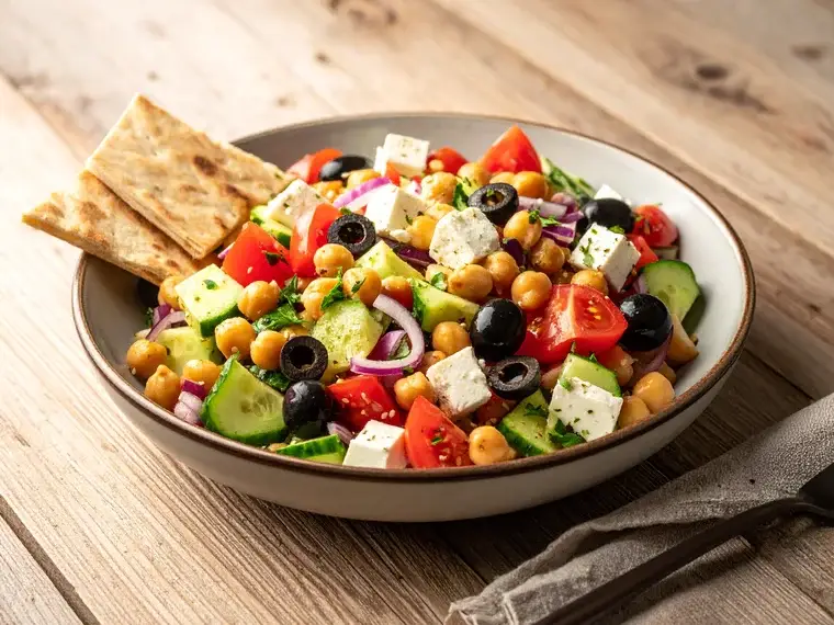 Mediterraner Salat mit Feta, Kichererbsen und Oliven