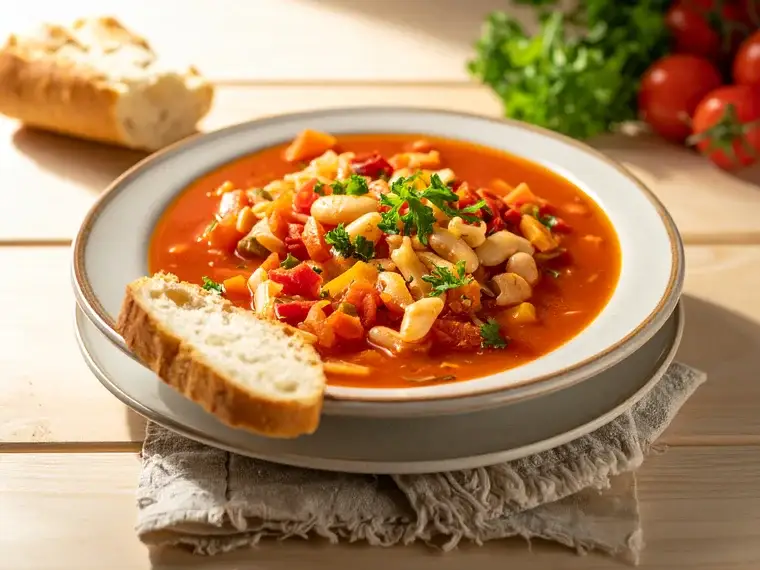 Minestrone – italienische Gemüsesuppe mit Bohnen und Baguette