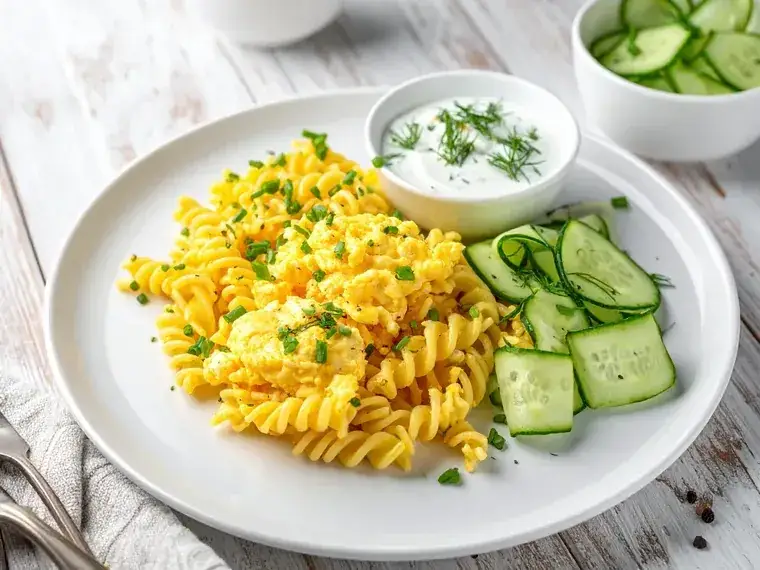 Nudeln mit Ei und Gurkensalat