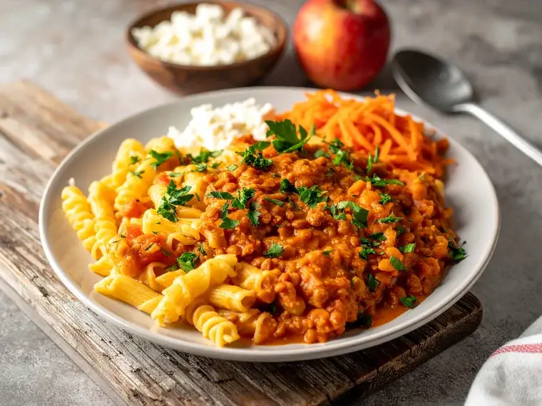 Tomaten-Linsen-Nudeln mit Möhrensalat und Apfelquark